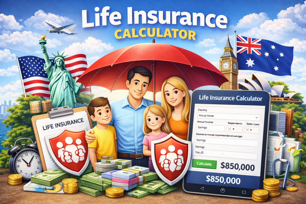 Life insurance calculator illustration showing a family planning financial protection and long-term security for children and dependents