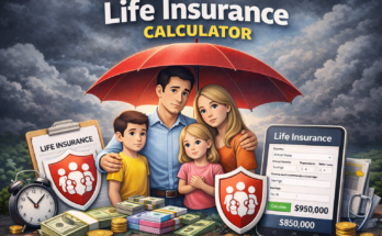 Family protected under an umbrella symbolizing life insurance planning, showing a life insurance calculator and financial security for loved ones