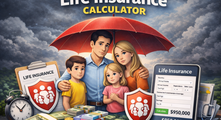 Family protected under an umbrella symbolizing life insurance planning, showing a life insurance calculator and financial security for loved ones