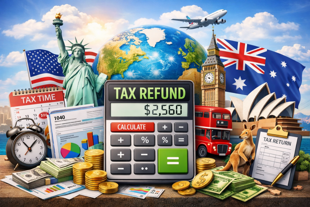 Global tax refund calculator illustration with calculator, tax forms, world map, and landmarks from the United States, United Kingdom, and Australia