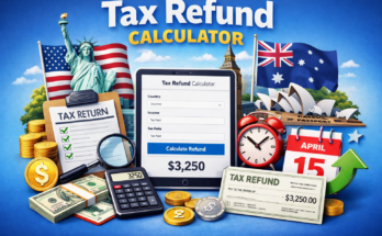 Tax Refund Calculator showing estimated tax refund for the US, UK, and Australia with tax documents, calculator, and global financial symbols