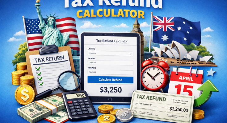 Tax Refund Calculator showing estimated tax refund for the US, UK, and Australia with tax documents, calculator, and global financial symbols